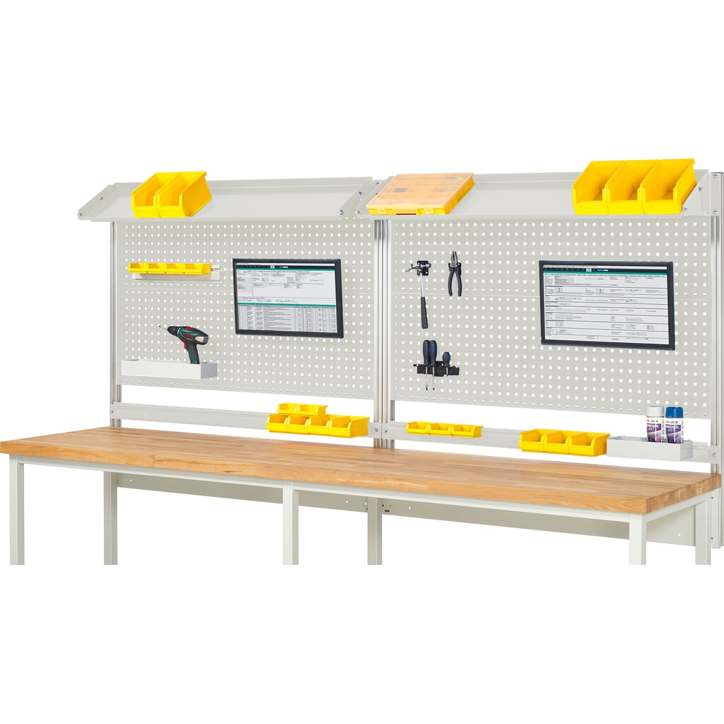 Nadstavba pracovného stola RAU, v × š × h 1 130 × 3 000 × 350 mm, s 2 naklápateľnými kovovými odkladacími lištami, 2 prídržnými lištami a 2 držiakmi plochej obrazovky, kompletná súprava 02 pre výrobok šírky Obrázok výrobku: Nadstavba pracovného stola RAU, v × š × h 1 130 × 3 000 × 350 mm, s 2 naklápateľnými kovovými odkladacími lištami, 2 prídržnými lištami a 2 držiakmi plochej obrazovky, kompletná súprava 02 pre výrobok šírky