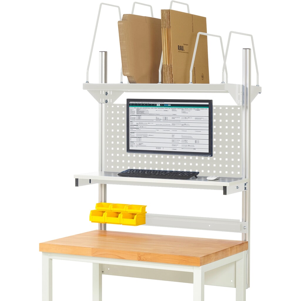Nadstavba pracovného stola RAU, v × š × h 1 130 × 1 000 × 350 mm, s 1 policovou doskou, 1 prídržnou lištou a 1 držiakom plochej obrazovky, kompletná súprava 03 pre výrobok šírky 1 000 mm Obrázok výrobku: Nadstavba pracovného stola RAU, v × š × h 1 130 × 1 000 × 350 mm, s 1 policovou doskou, 1 prídržnou lištou a 1 držiakom plochej obrazovky, kompletná súprava 03 pre výrobok šírky 1 000 mm