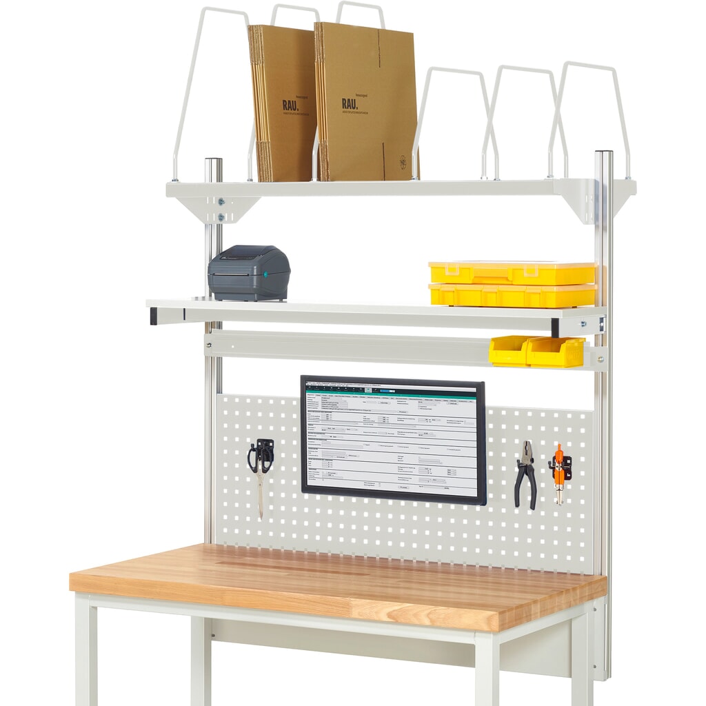 Nadstavba pracovného stola RAU, v × š × h 1 130 × 1 250 × 350 mm, s 1 policovou doskou, 1 prídržnou lištou a 1 držiakom plochej obrazovky, kompletná súprava 03 pre výrobok šírky 1 250 mm Obrázok výrobku: Nadstavba pracovného stola RAU, v × š × h 1 130 × 1 250 × 350 mm, s 1 policovou doskou, 1 prídržnou lištou a 1 držiakom plochej obrazovky, kompletná súprava 03 pre výrobok šírky 1 250 mm