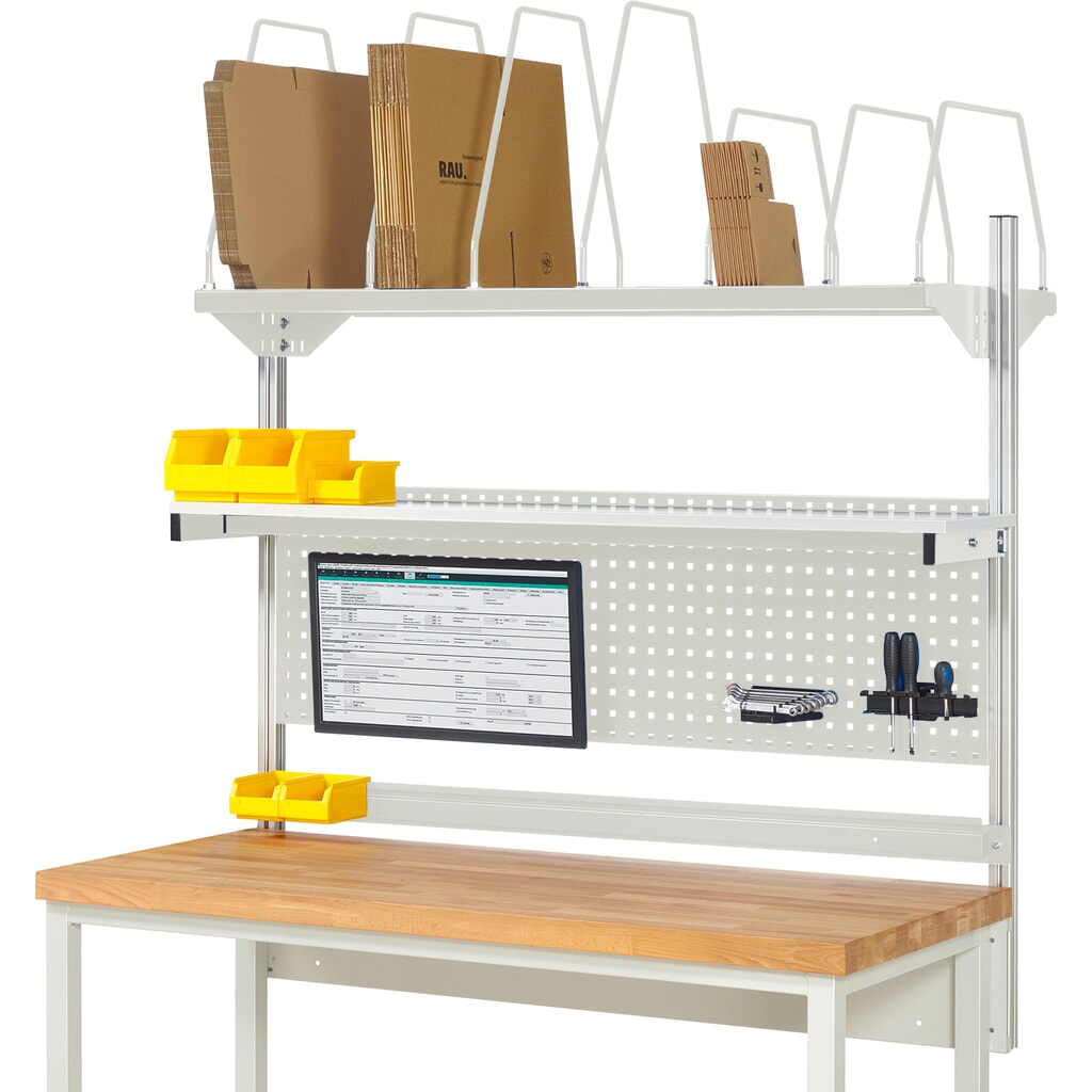 Nadstavba pracovného stola RAU, v × š × h 1 130 × 1 500 × 350 mm, s 1 policovou doskou, 1 prídržnou lištou a 1 držiakom plochej obrazovky, kompletná súprava 03 pre výrobok šírky 2 000 mm Obrázok výrobku: Nadstavba pracovného stola RAU, v × š × h 1 130 × 1 500 × 350 mm, s 1 policovou doskou, 1 prídržnou lištou a 1 držiakom plochej obrazovky, kompletná súprava 03 pre výrobok šírky 2 000 mm