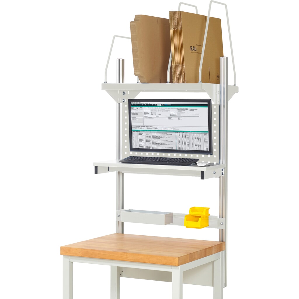 Nadstavba pracovného stola RAU, v × š × h 1 130 × 750 × 350 mm, s 1 policovou doskou, 1 prídržnou lištou a 1 držiakom plochej obrazovky, kompletná súprava 03 pre výrobok šírky 750 mm Obrázok výrobku: Nadstavba pracovného stola RAU, v × š × h 1 130 × 750 × 350 mm, s 1 policovou doskou, 1 prídržnou lištou a 1 držiakom plochej obrazovky, kompletná súprava 03 pre výrobok šírky 750 mm