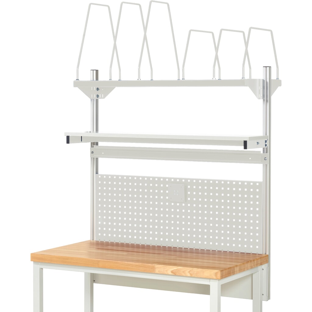 Číslo obrázka výrobku 2: Nadstavba pracovného stola RAU, v × š × h 1 130 × 1 250 × 350 mm, s 1 policovou doskou, 1 prídržnou lištou a 1 držiakom plochej obrazovky, kompletná súprava 03 pre výrobok šírky 1 250 mm