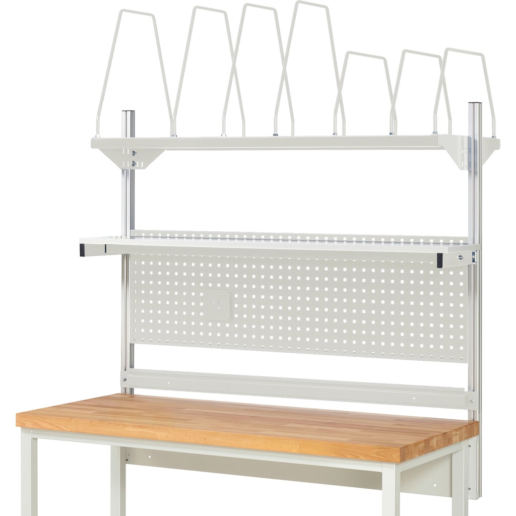 Nadstavba pracovného stola RAU, v × š × h 1 130 × 1 500 × 350 mm, s 1 policovou doskou, 1 prídržnou lištou a 1 držiakom plochej obrazovky, kompletná súprava 03 pre výrobok šírky 2 000 mm Číslo obrázka výrobku 2: Nadstavba pracovného stola RAU, v × š × h 1 130 × 1 500 × 350 mm, s 1 policovou doskou, 1 prídržnou lištou a 1 držiakom plochej obrazovky, kompletná súprava 03 pre výrobok šírky 2 000 mm