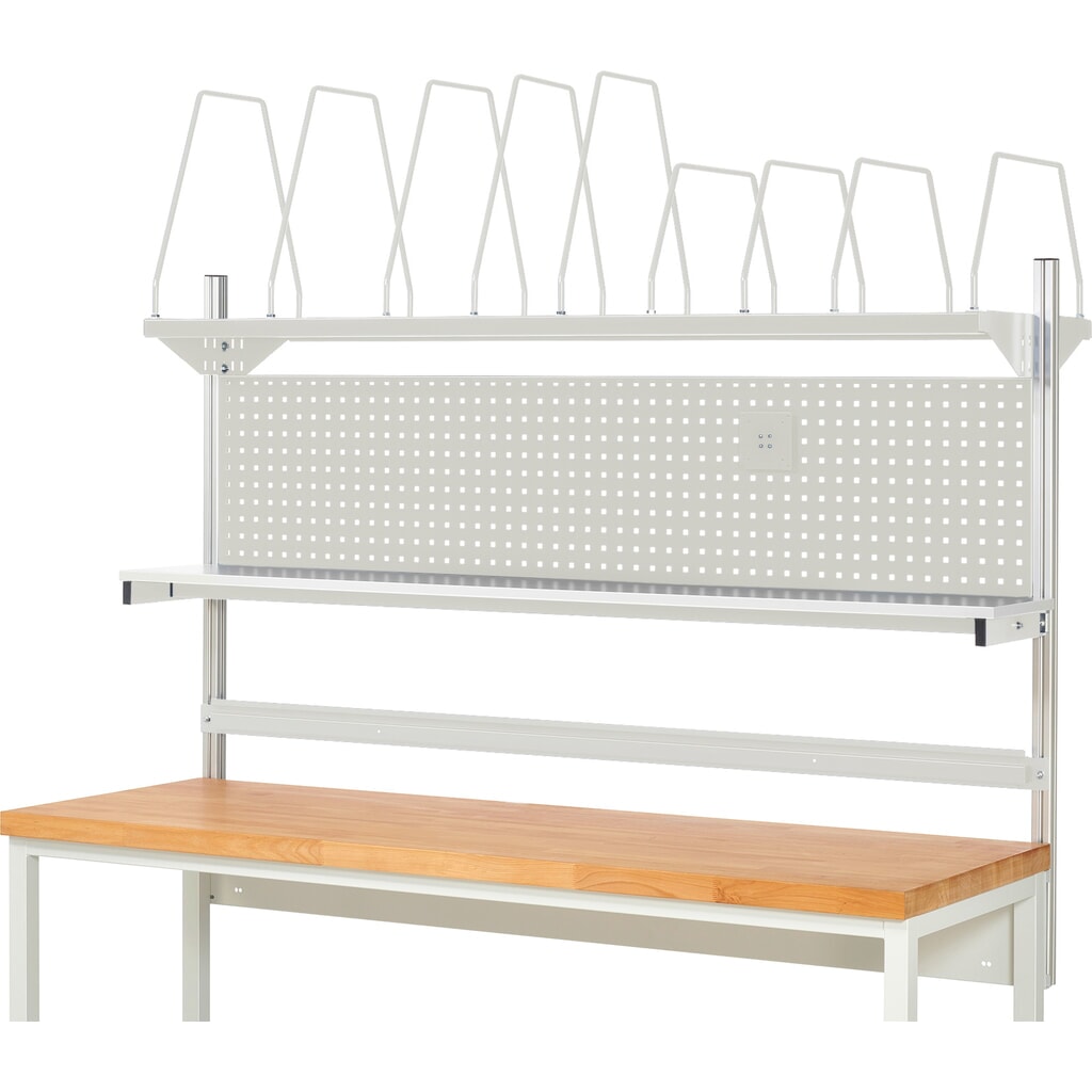 Nadstavba pracovného stola RAU, v × š × h 1 130 × 2 000 × 350 mm, s 1 policovou doskou, 1 prídržnou lištou a 1 držiakom plochej obrazovky, kompletná súprava 03 pre výrobok šírky 1 500 mm Číslo obrázka výrobku 2: Nadstavba pracovného stola RAU, v × š × h 1 130 × 2 000 × 350 mm, s 1 policovou doskou, 1 prídržnou lištou a 1 držiakom plochej obrazovky, kompletná súprava 03 pre výrobok šírky 1 500 mm