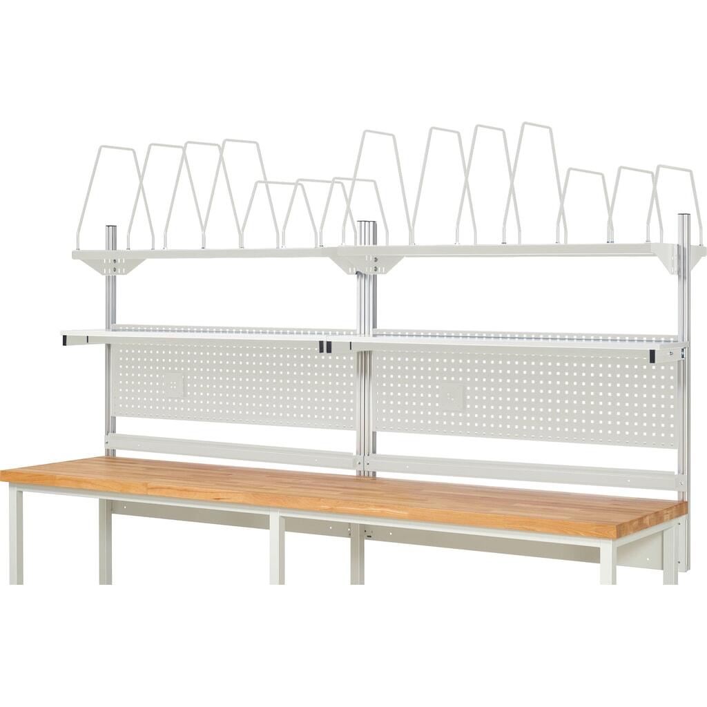 Číslo obrázka výrobku 2: Nadstavba pracovného stola RAU, v × š × h 1 130 × 3 000 × 350 mm, s 2 policovými doskami, 2 prídržnými lištami a 2 držiakmi plochej obrazovky, kompletná súprava 03 pre výrobok šírky 3 000 mm