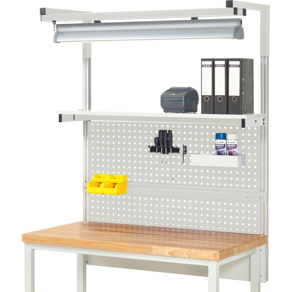 Obrázok výrobku: Nadstavba pracovného stola RAU, v × š × h 1 380 × 1 250 × 350 mm, s 1 policovou doskou, 1 prídržnou lištou, 1 párom výložníkov a 1 svietidlom, kompletná súprava 04 pre výrobok šírky 1 250 mm