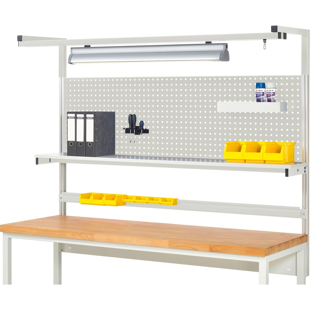 Nadstavba pracovného stola RAU, v × š × h 1 380 × 2 000 × 350 mm, s 1 policovou doskou, 1 prídržnou lištou, 1 párom výložníkov a 1 svietidlom, kompletná súprava 04 pre výrobok šírky 2 000 mm Obrázok výrobku: Nadstavba pracovného stola RAU, v × š × h 1 380 × 2 000 × 350 mm, s 1 policovou doskou, 1 prídržnou lištou, 1 párom výložníkov a 1 svietidlom, kompletná súprava 04 pre výrobok šírky 2 000 mm