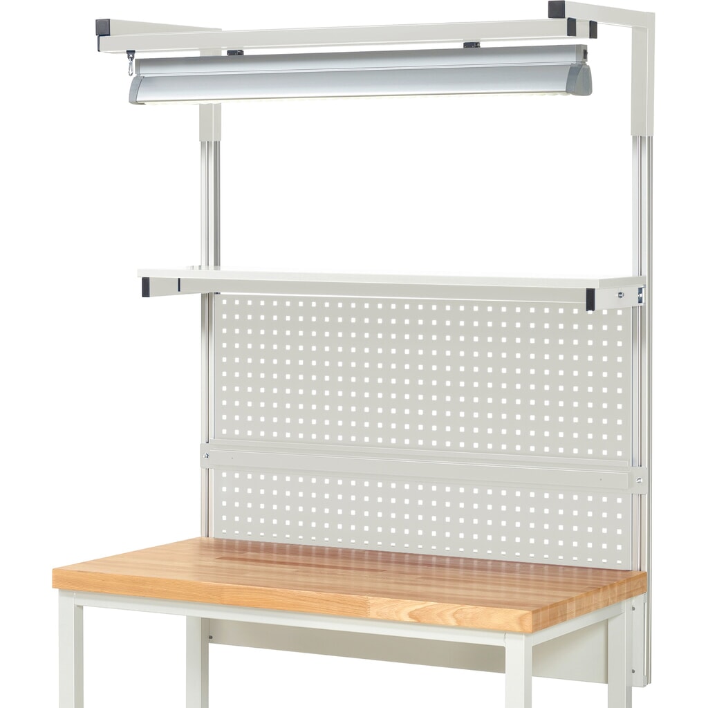 Číslo obrázka výrobku 2: Nadstavba pracovného stola RAU, v × š × h 1 380 × 1 250 × 350 mm, s 1 policovou doskou, 1 prídržnou lištou, 1 párom výložníkov a 1 svietidlom, kompletná súprava 04 pre výrobok šírky 1 250 mm