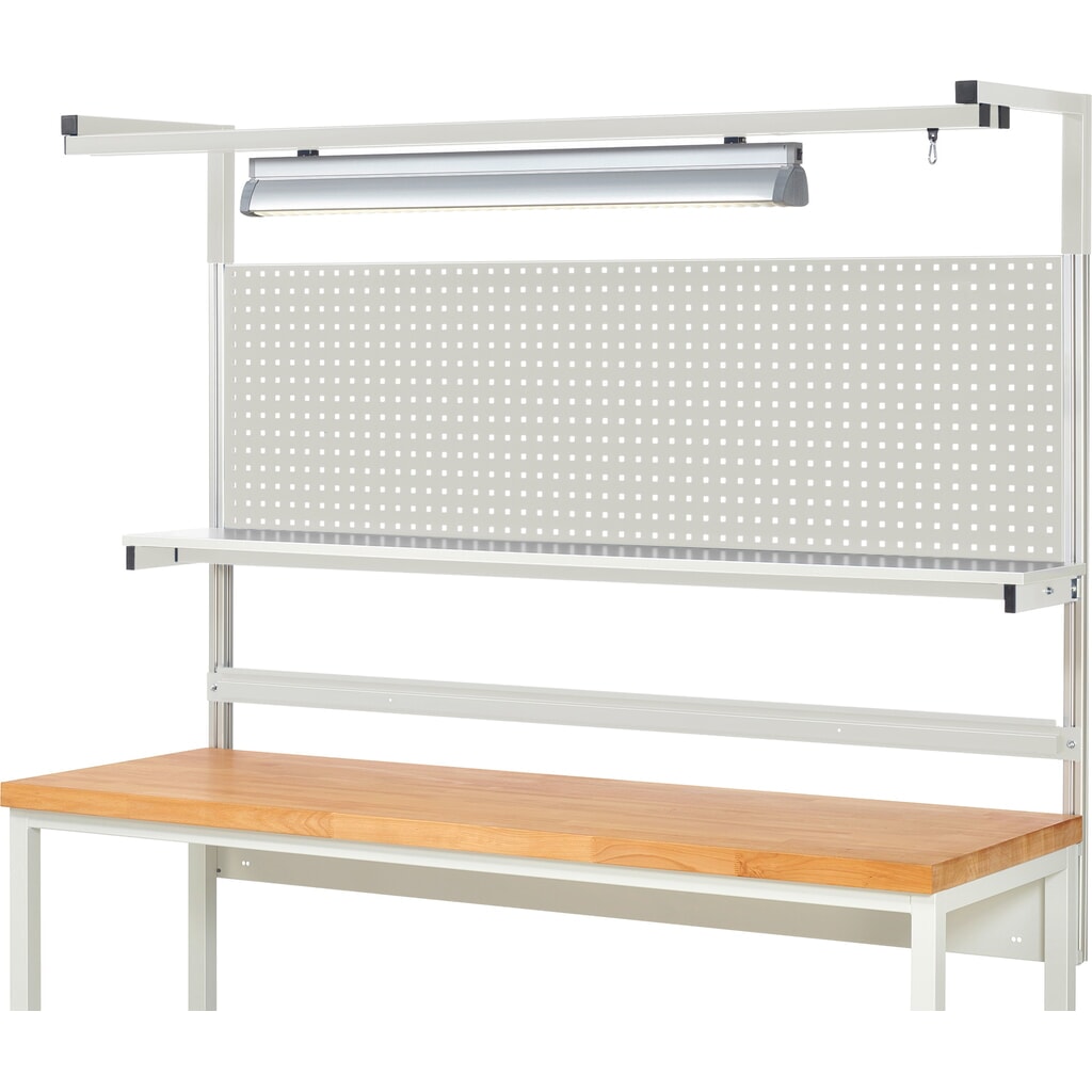 Nadstavba pracovného stola RAU, v × š × h 1 380 × 2 000 × 350 mm, s 1 policovou doskou, 1 prídržnou lištou, 1 párom výložníkov a 1 svietidlom, kompletná súprava 04 pre výrobok šírky 2 000 mm Číslo obrázka výrobku 2: Nadstavba pracovného stola RAU, v × š × h 1 380 × 2 000 × 350 mm, s 1 policovou doskou, 1 prídržnou lištou, 1 párom výložníkov a 1 svietidlom, kompletná súprava 04 pre výrobok šírky 2 000 mm