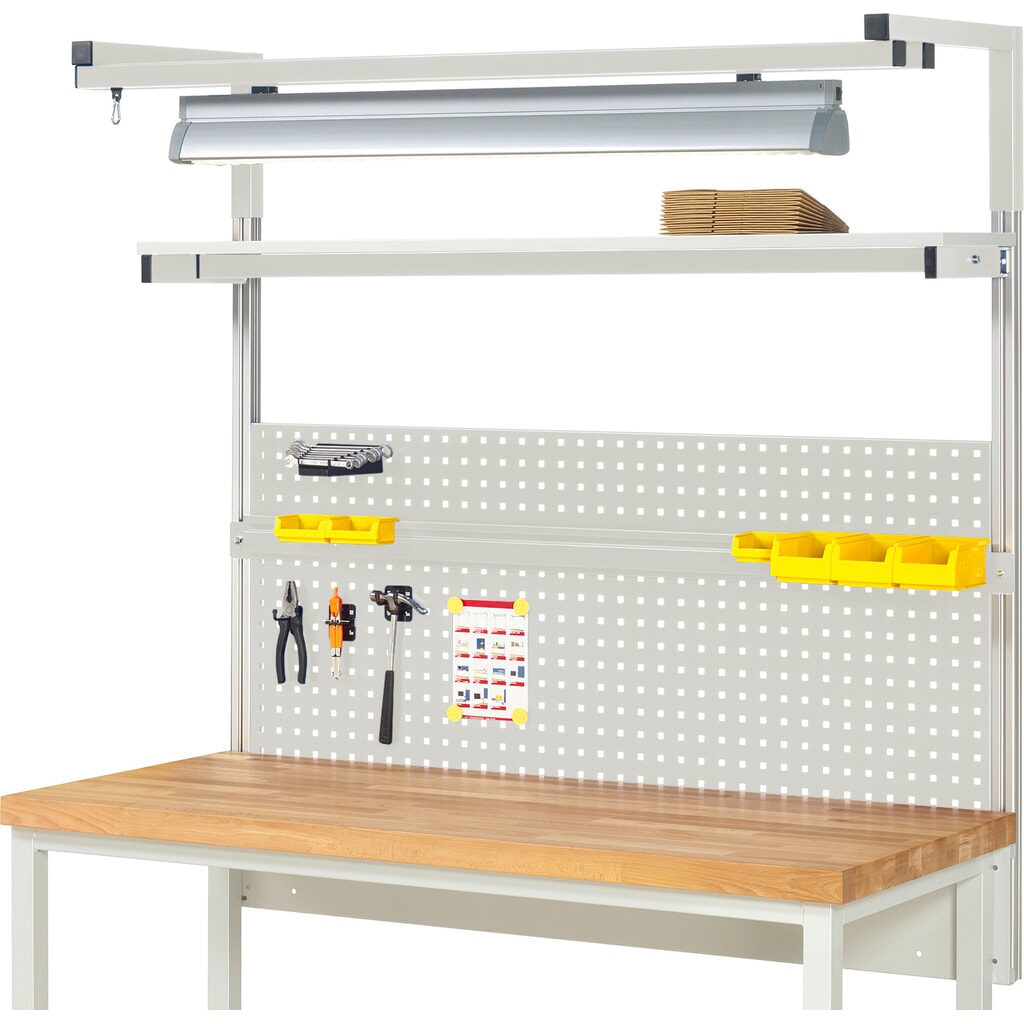 Obrázok výrobku: Nadstavba pracovného stola RAU, v × š × h 1 380 × 1 500 × 350 mm, s 1 policovou doskou, 1 prídržnou lištou, 1 párom výložníkov a 1 svietidlom, kompletná súprava 04 pre výrobok šírky 1 500 mm