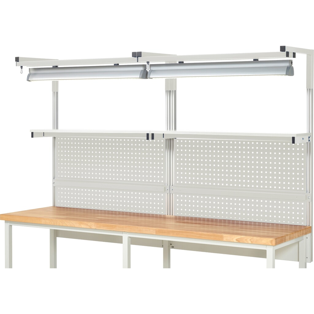 Číslo obrázka výrobku 2: Nadstavba pracovného stola RAU, v × š × h 1 380 × 2 500 × 350 mm, s 2 policovými doskami, 2 prídržnými lištami, 2 pármi výložníkov a 2 svietidlami, kompletná súprava 04 pre výrobok šírky 2 500 mm