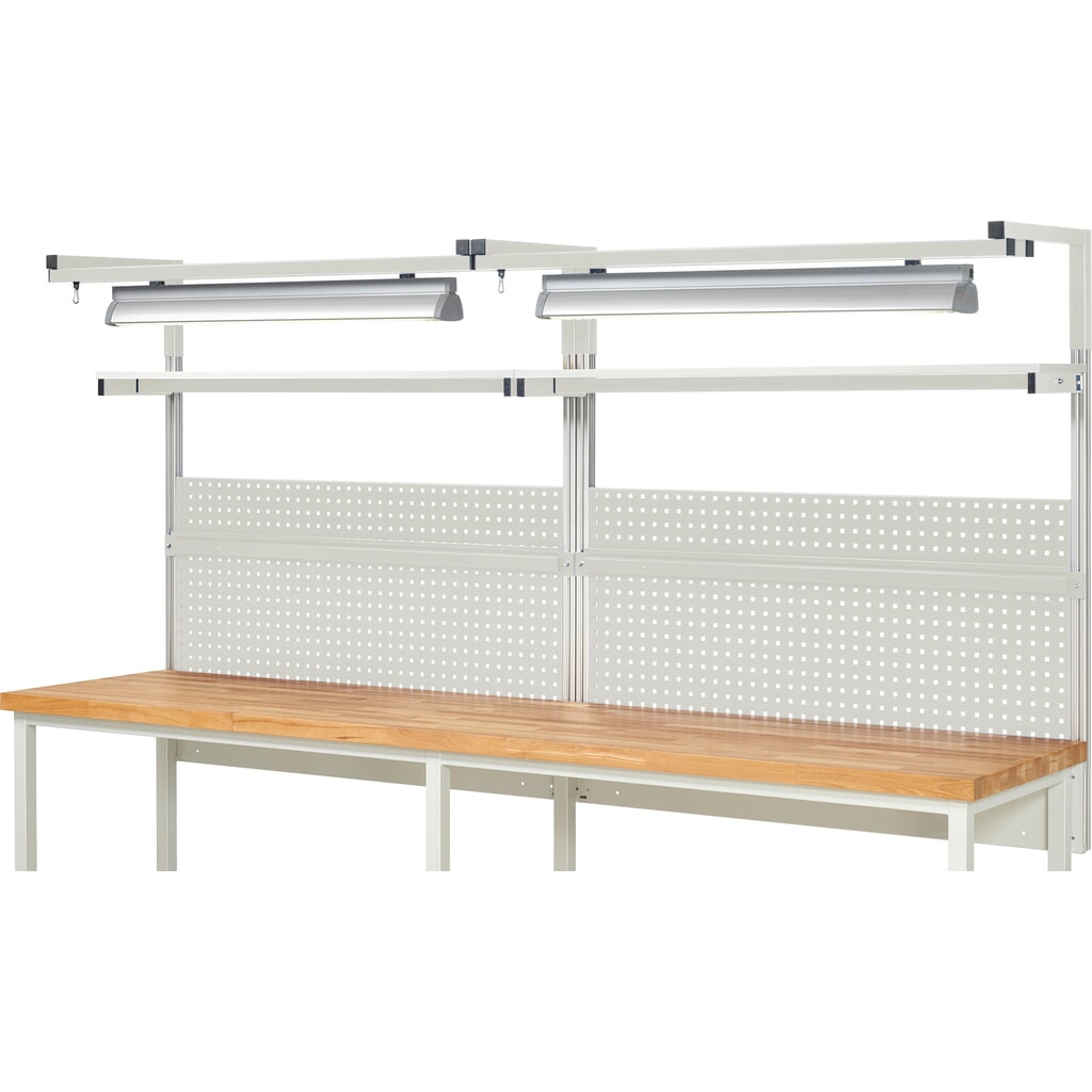 Číslo obrázka výrobku 2: Nadstavba pracovného stola RAU, v × š × h 1 380 × 3 000 × 350 mm, s 2 policovými doskami, 2 prídržnými lištami, 2 pármi výložníkov a 2 svietidlami, kompletná súprava 04 pre výrobok šírky 3 000 mm