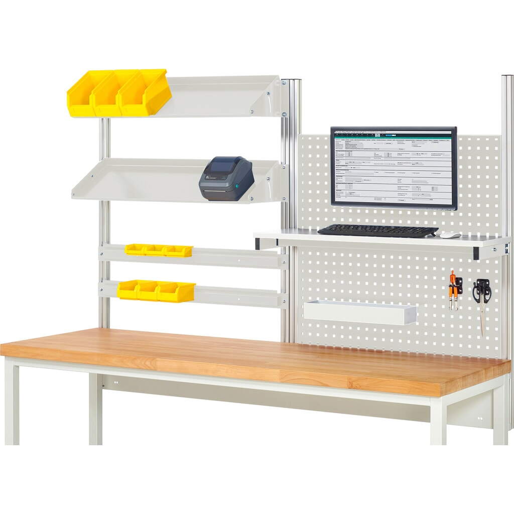 Nadstavba pracovného stola RAU, v × š × h 1 130 × 2 000 × 350 mm, s 1 policovou doskou, 2 prídržnými lištami, 2 naklápateľnými kovovými odkladacími lištami a 1 držiakom plochej obrazovky, kompletná súprava 05 pre Obrázok výrobku: Nadstavba pracovného stola RAU, v × š × h 1 130 × 2 000 × 350 mm, s 1 policovou doskou, 2 prídržnými lištami, 2 naklápateľnými kovovými odkladacími lištami a 1 držiakom plochej obrazovky, kompletná súprava 05 pre