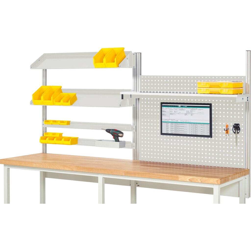 Obrázok výrobku: Nadstavba pracovného stola RAU, v × š × h 1 130 × 2 500 × 350 mm, s 1 policovou doskou, 2 prídržnými lištami, 2 naklápateľnými kovovými odkladacími lištami a 1 držiakom plochej obrazovky, kompletná súprava 05 pre