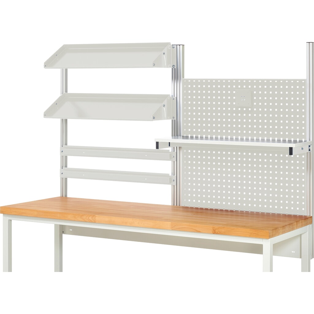 Číslo obrázka výrobku 2: Nadstavba pracovného stola RAU, v × š × h 1 130 × 2 000 × 350 mm, s 1 policovou doskou, 2 prídržnými lištami, 2 naklápateľnými kovovými odkladacími lištami a 1 držiakom plochej obrazovky, kompletná súprava 05 pre