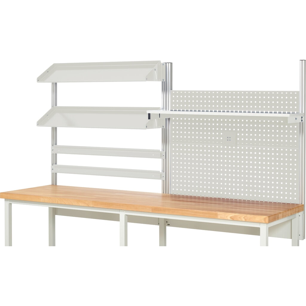 Číslo obrázka výrobku 2: Nadstavba pracovného stola RAU, v × š × h 1 130 × 2 500 × 350 mm, s 1 policovou doskou, 2 prídržnými lištami, 2 naklápateľnými kovovými odkladacími lištami a 1 držiakom plochej obrazovky, kompletná súprava 05 pre