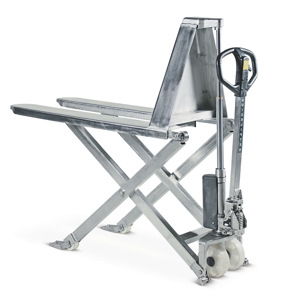 Obrázok výrobku: Nehrdzavejúci nožnicový zdvíhací stôl, nosnosť 1 000 kg, dĺžka vidlíc 1 150 mm.