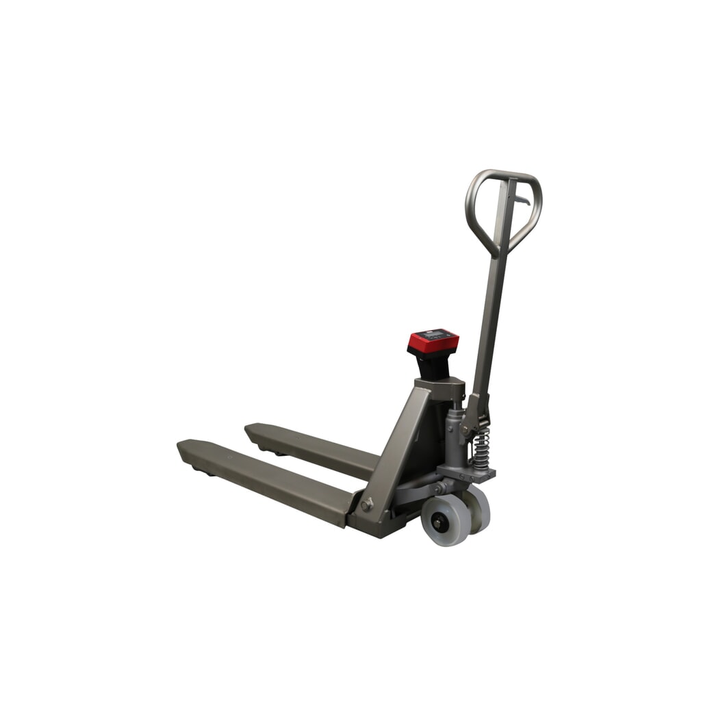 Paletový vozík z nehrdzavejúcej ocele Ravas s váhou INOX, nosnosť 2 000 kg, GL 1 150 mm, polyamid, tandemové kolieska Číslo obrázka výrobku 1: Paletový vozík z nehrdzavejúcej ocele Ravas s váhou INOX, nosnosť 2 000 kg, GL 1 150 mm, polyamid, tandemové kolieska