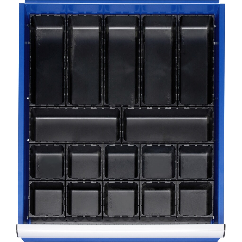 Obrázok výrobku: Organizér do zásuvky RAU, v × š × h 48 × 490 × 560 mm, s podlahovou doskou a 10 boxmi, veľkosť L pre čelnú výšku 60 – 360 mm
