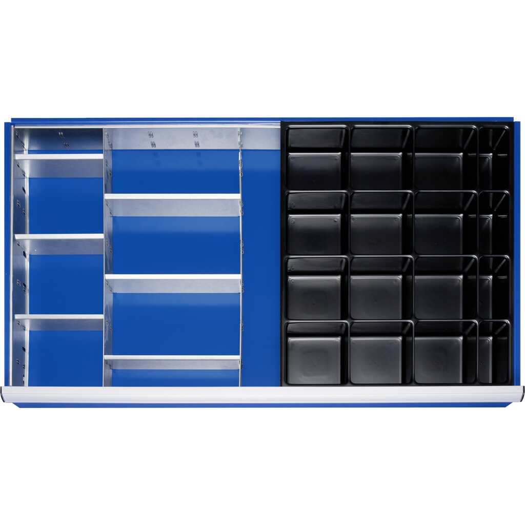 Organizér do zásuvky RAU, v × š × h 90 × 1 055 × 560 mm, so 4-dielnou súpravou deliacich líšt a 3 deliacimi priečkami, veľkosť XXL pre čelnú výšku 120 – 360 mm Obrázok výrobku: Organizér do zásuvky RAU, v × š × h 90 × 1 055 × 560 mm, so 4-dielnou súpravou deliacich líšt a 3 deliacimi priečkami, veľkosť XXL pre čelnú výšku 120 – 360 mm