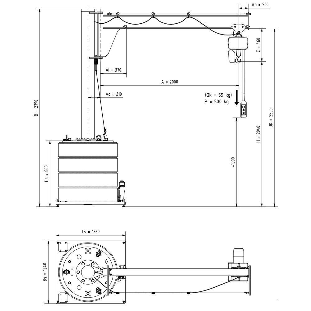 Číslo obrázka výrobku 2: Otočný žeriav VETTER® vrát. elektrického kladkostroja LIFTKET, rozsah otáčania 270°, polomer 2 000 mm, nosnosť 500 kg
