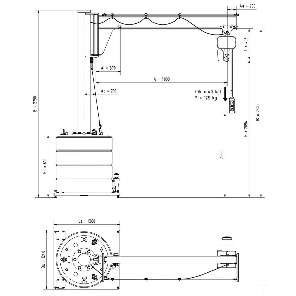 Číslo obrázka výrobku 2: Otočný žeriav VETTER® vrát. elektrického kladkostroja LIFTKET, rozsah otáčania 270°, polomer 4 000 mm, nosnosť 125 kg