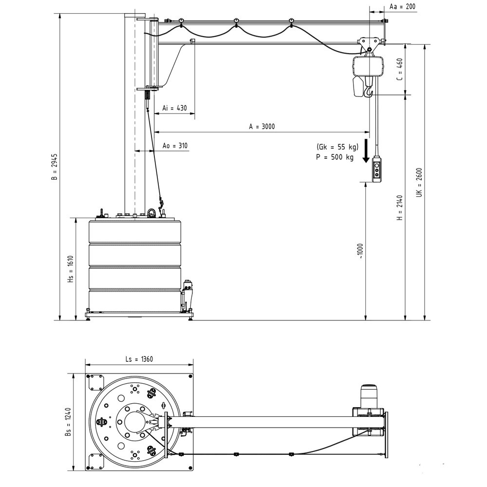 Číslo obrázka výrobku 2: Otočný žeriav VETTER® vrát. elektrického kladkostroja LIFTKET, rozsah otáčania 270°, polomer 3 000 mm, nosnosť 500 kg