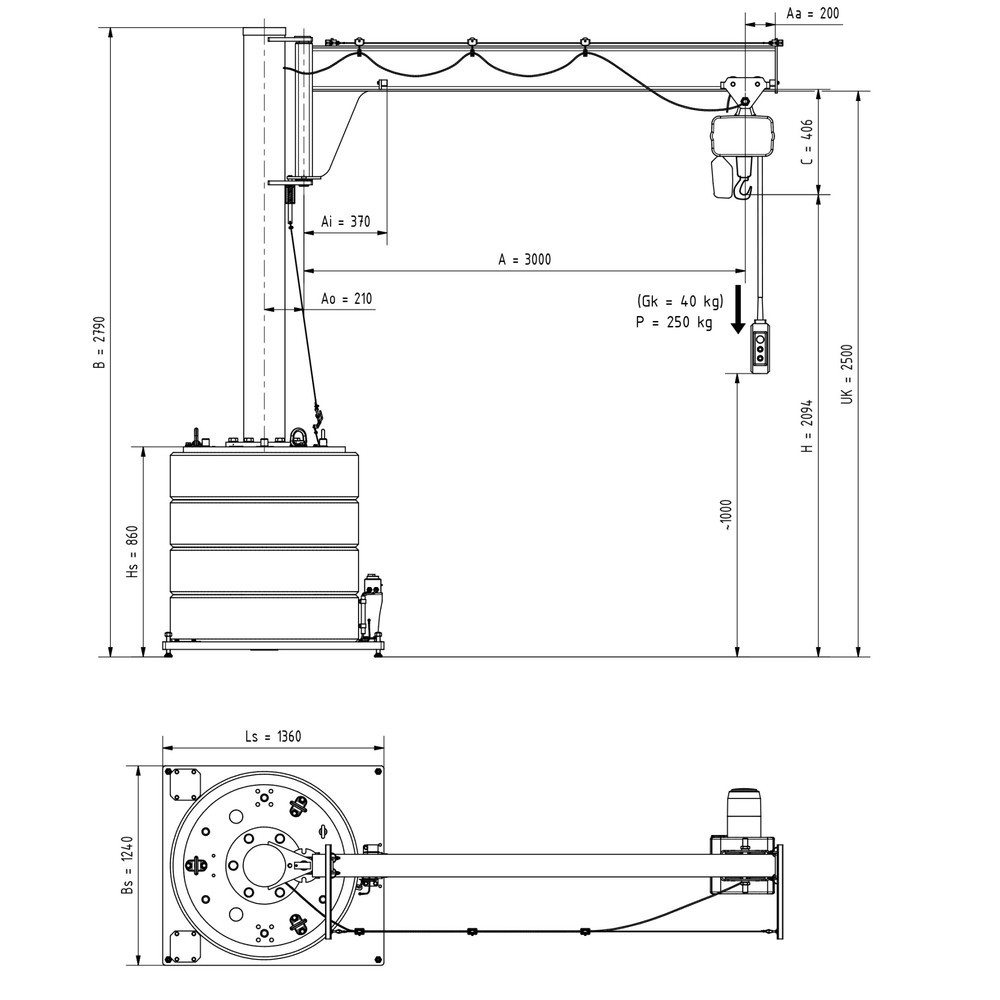 Číslo obrázka výrobku 2: Otočný žeriav VETTER® vrát. elektrického kladkostroja LIFTKET, rozsah otáčania 270°, polomer 3 000 mm, nosnosť 250 kg