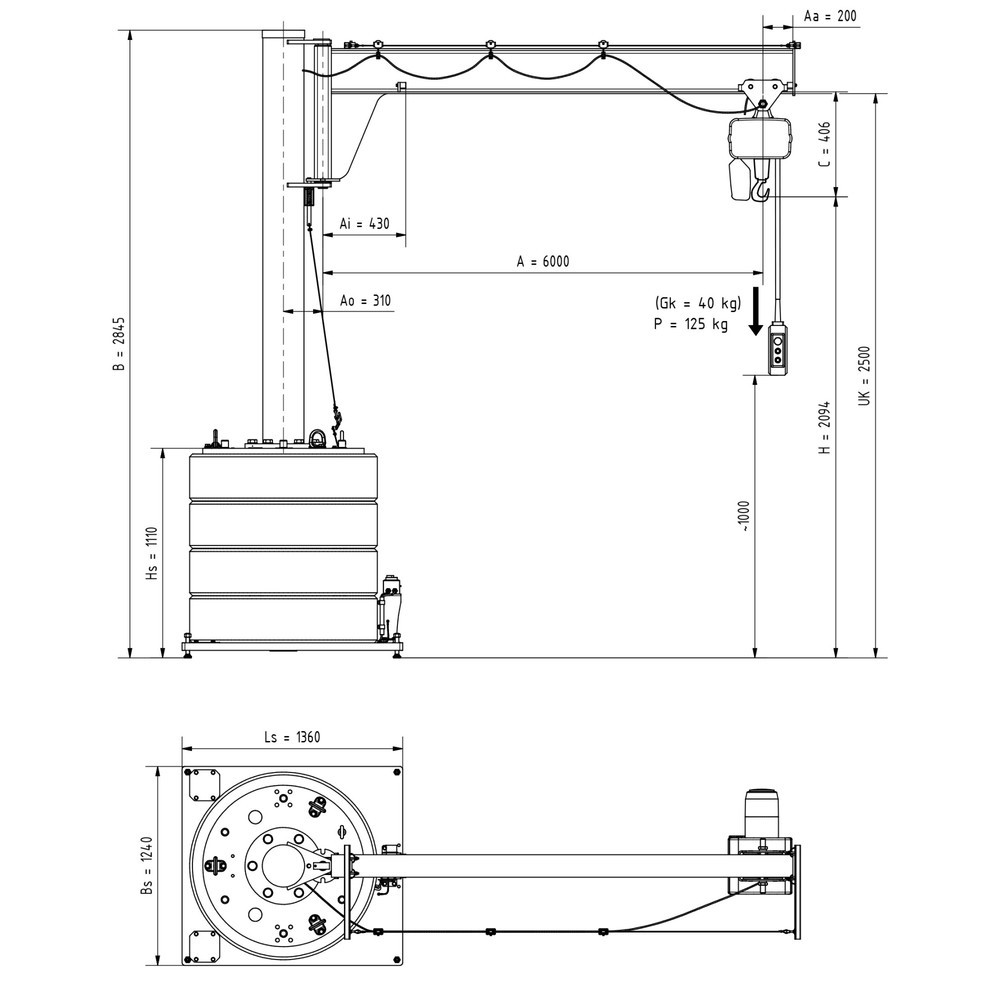 Číslo obrázka výrobku 2: Otočný žeriav VETTER® vrát. elektrického kladkostroja LIFTKET, rozsah otáčania 270°, polomer 6 000 mm, nosnosť 125 kg