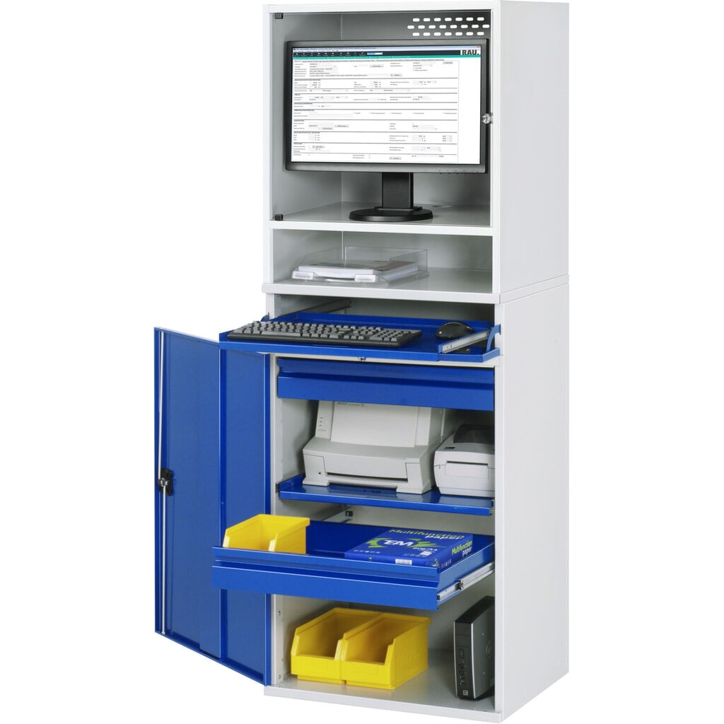 Počítačová skriňa RAU, kryt na monitor, vysúvateľný priečinok na klávesnicu, krídlové dvere, počet zásuviek × v × š: 2 × 80 × 570 mm Obrázok výrobku: Počítačová skriňa RAU, kryt na monitor, vysúvateľný priečinok na klávesnicu, krídlové dvere, počet zásuviek × v × š: 2 × 80 × 570 mm
