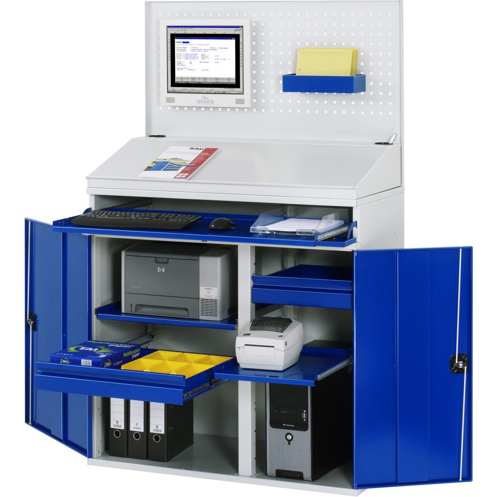 Číslo obrázka výrobku 1: Počítačová skriňa RAU, v × š × h 1 770 × 1 100 × 520 mm, s 2 krídlovými dverami, vysúvateľnou vložkou na klávesnicu, 1 zásuvkou a súpravou koliesok