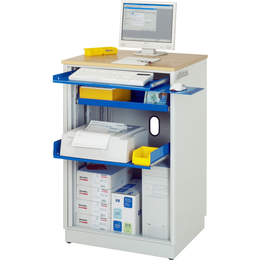 Počítačové stanice RAU, v × š × h 1 100 × 720 × 660 mm, pracovná doska s bukovým dekorom, s roletou, elektrická zásuvková lišta Číslo obrázka výrobku 1: Počítačové stanice RAU, v × š × h 1 100 × 720 × 660 mm, pracovná doska s bukovým dekorom, s roletou, elektrická zásuvková lišta