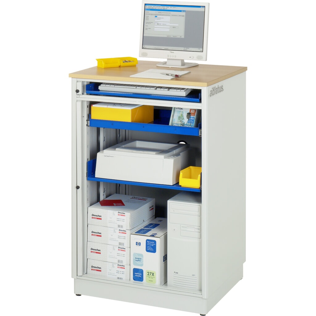 Počítačové stanice RAU, v × š × h 1 100 × 720 × 660 mm, pracovná doska s bukovým dekorom, s roletou, elektrická zásuvková lišta Číslo obrázka výrobku 2: Počítačové stanice RAU, v × š × h 1 100 × 720 × 660 mm, pracovná doska s bukovým dekorom, s roletou, elektrická zásuvková lišta