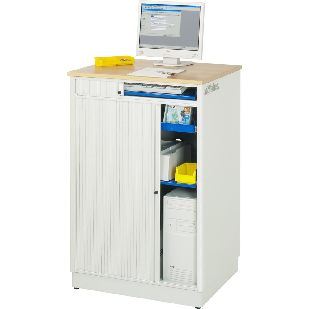 Číslo obrázka výrobku 4: Počítačové stanice RAU, v × š × h 1 100 × 720 × 660 mm, pracovná doska s bukovým dekorom, s roletou, elektrická zásuvková lišta
