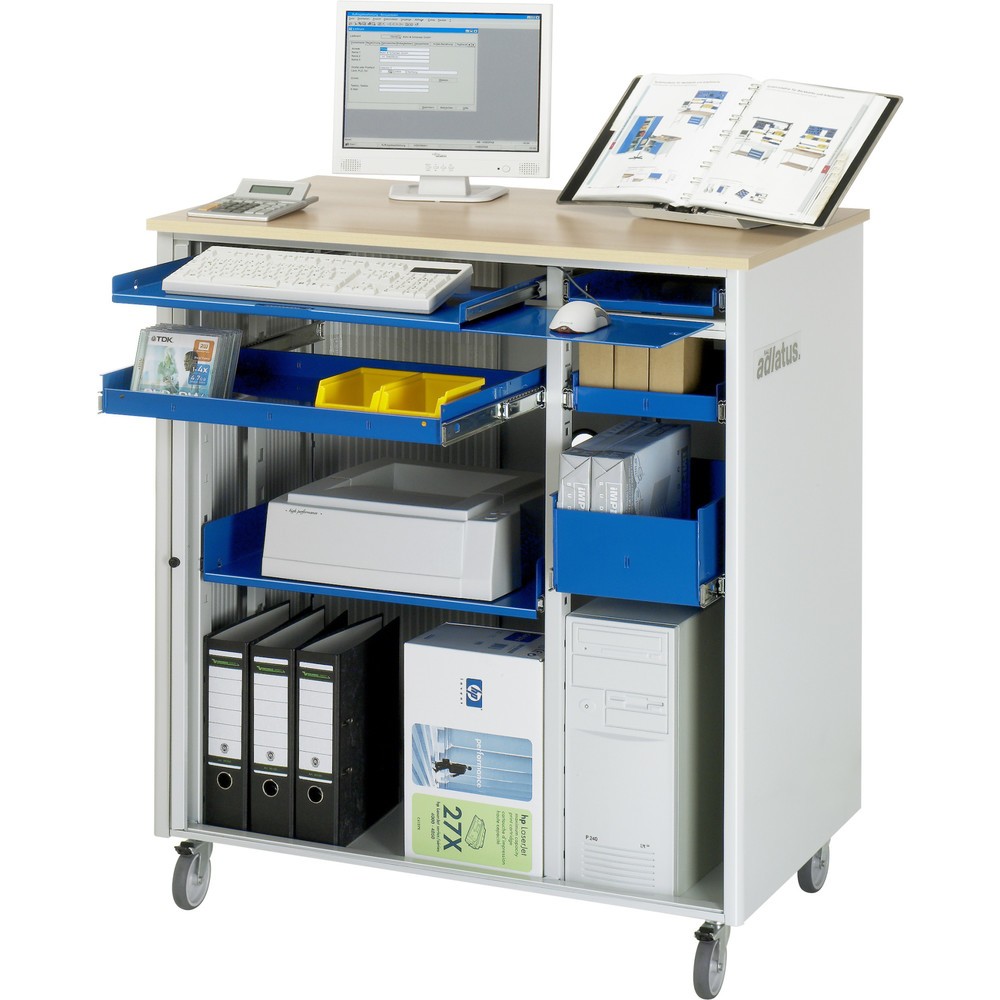 Číslo obrázka výrobku 1: Počítačové stanice RAU, v × š × h 1 100 × 1 030 × 660 mm, pracovná doska s bukovým dekorom, s roletou, elektrická zásuvková lišta, zásuvka