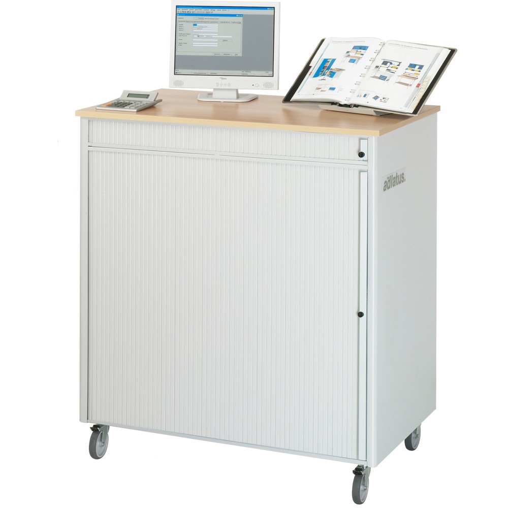 Číslo obrázka výrobku 2: Počítačové stanice RAU, v × š × h 1 100 × 1 030 × 660 mm, pracovná doska s bukovým dekorom, s roletou, elektrická zásuvková lišta, zásuvka