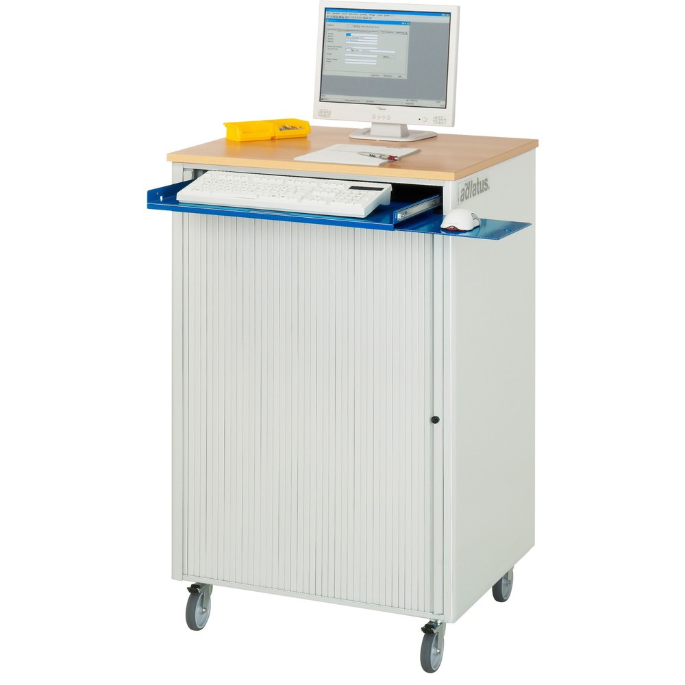 Číslo obrázka výrobku 2: Počítačové stanice RAU, v × š × h 1 100 × 720 × 660 mm, pracovná doska s bukovým dekorom, s roletou, elektrická zásuvková lišta a súprava koliesok