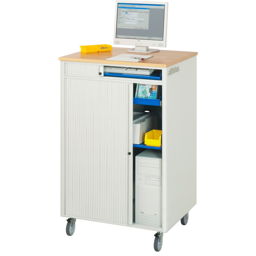 Číslo obrázka výrobku 3: Počítačové stanice RAU, v × š × h 1 100 × 720 × 660 mm, pracovná doska s bukovým dekorom, s roletou, elektrická zásuvková lišta a súprava koliesok