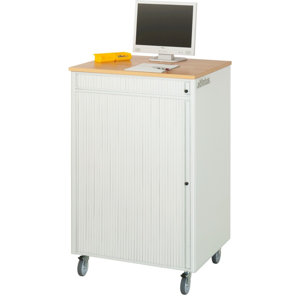 Číslo obrázka výrobku 4: Počítačové stanice RAU, v × š × h 1 100 × 720 × 660 mm, pracovná doska s bukovým dekorom, s roletou, elektrická zásuvková lišta a súprava koliesok
