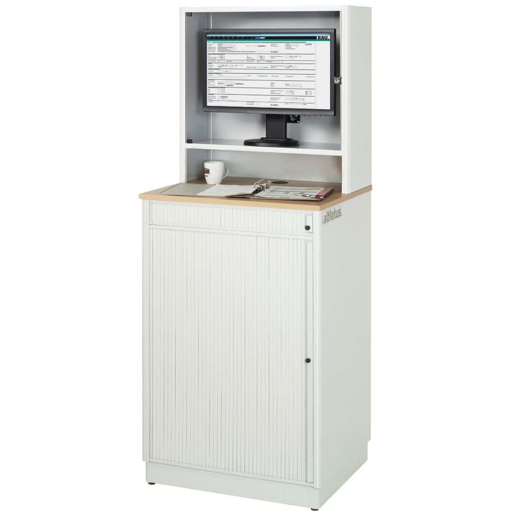 Číslo obrázka výrobku 4: Počítačové stanice RAU, v × š × h 1 810 × 720 × 660 mm, pracovná doska s bukovým dekorom, s roletou, elektrická zásuvková lišta