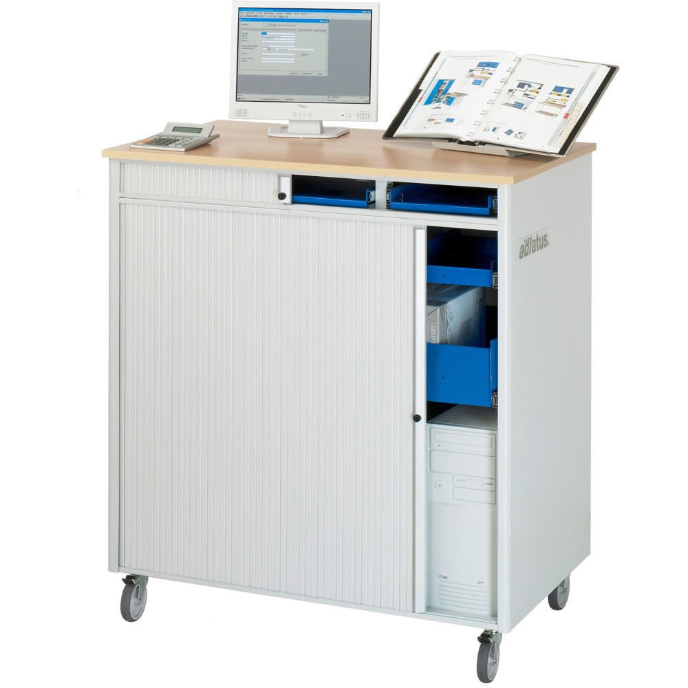 Číslo obrázka výrobku 4: Počítačové stanice RAU, v × š × h 1 100 × 1 030 × 660 mm, pracovná doska s bukovým dekorom, s roletou, elektrická zásuvková lišta, zásuvka