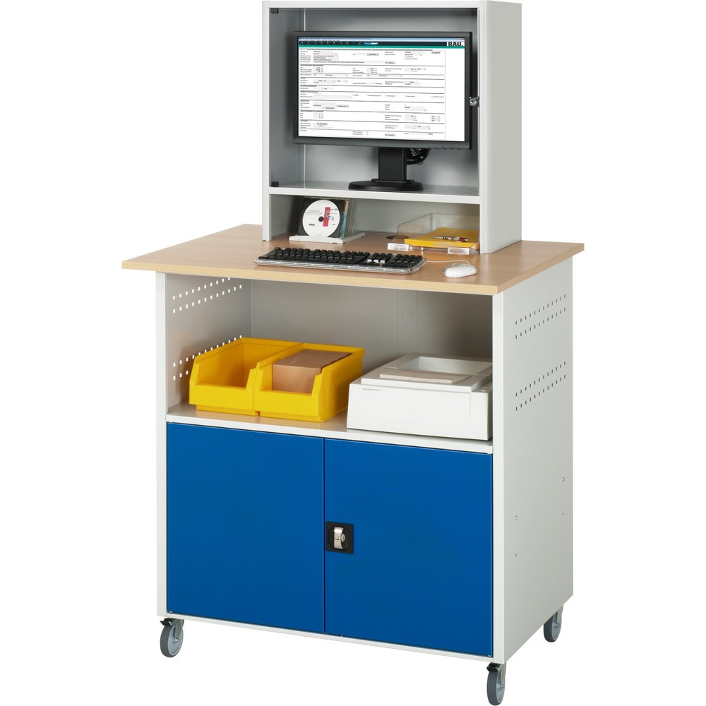 Číslo obrázka výrobku 2: Počítačový stôl RAU, v × š × h 1 860 × 1 100 × 800 mm, pracovná doska s bukovým dekorom, s 2 krídlovými dverami a priečinkom na monitor