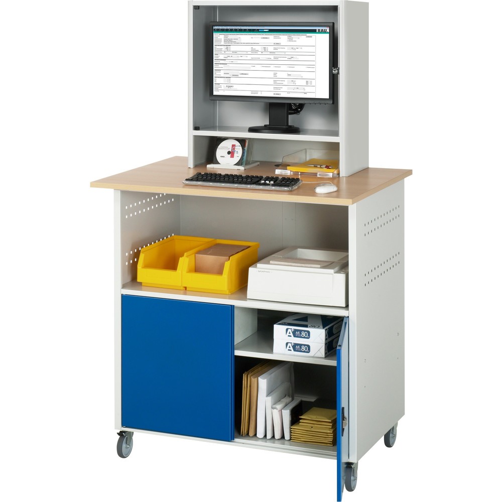 Číslo obrázka výrobku 3: Počítačový stôl RAU, v × š × h 1 860 × 1 100 × 800 mm, pracovná doska s bukovým dekorom, s 2 krídlovými dverami a priečinkom na monitor