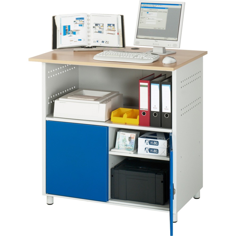 Číslo obrázka výrobku 3: Počítačový stôl RAU, v × š × h 1 100 × 1 100 × 800 mm, pracovná doska s bukovým dekorom, s 2 krídlovými dverami a elektrickou zásuvkou lištou