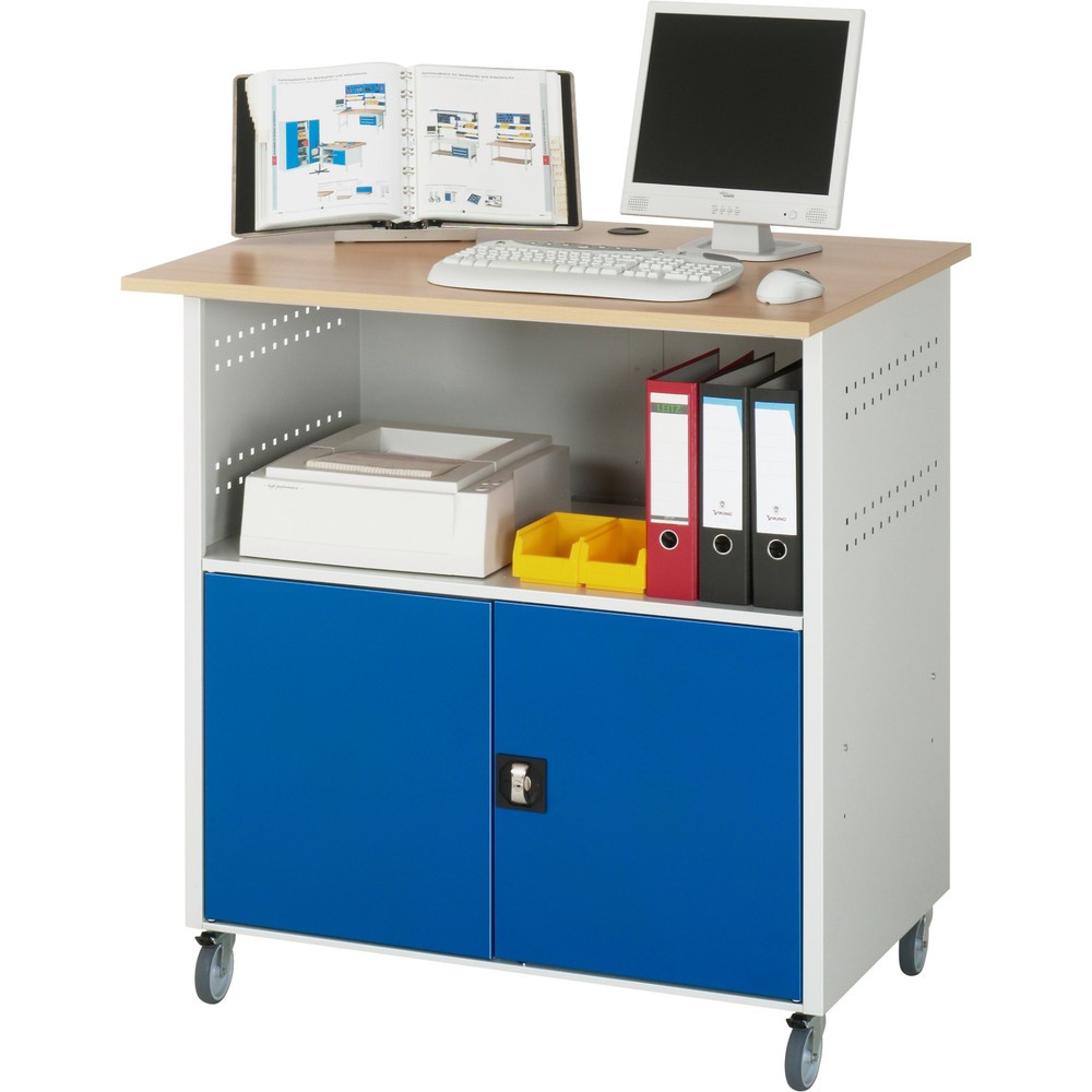 Číslo obrázka výrobku 2: Počítačový stôl RAU, v × š × h 1 150 × 1 100 × 800 mm, pracovná doska s bukovým dekorom, s 2 krídlovými dverami a elektrickou zásuvkou lištou