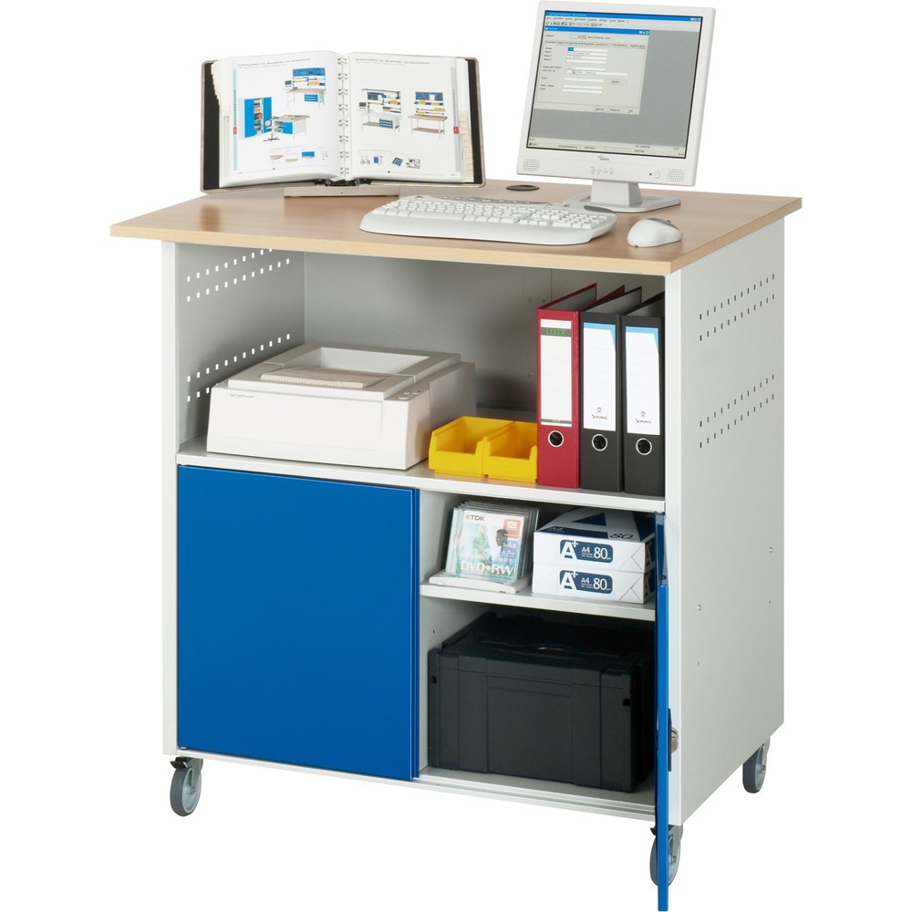 Číslo obrázka výrobku 3: Počítačový stôl RAU, v × š × h 1 150 × 1 100 × 800 mm, pracovná doska s bukovým dekorom, s 2 krídlovými dverami a elektrickou zásuvkou lištou