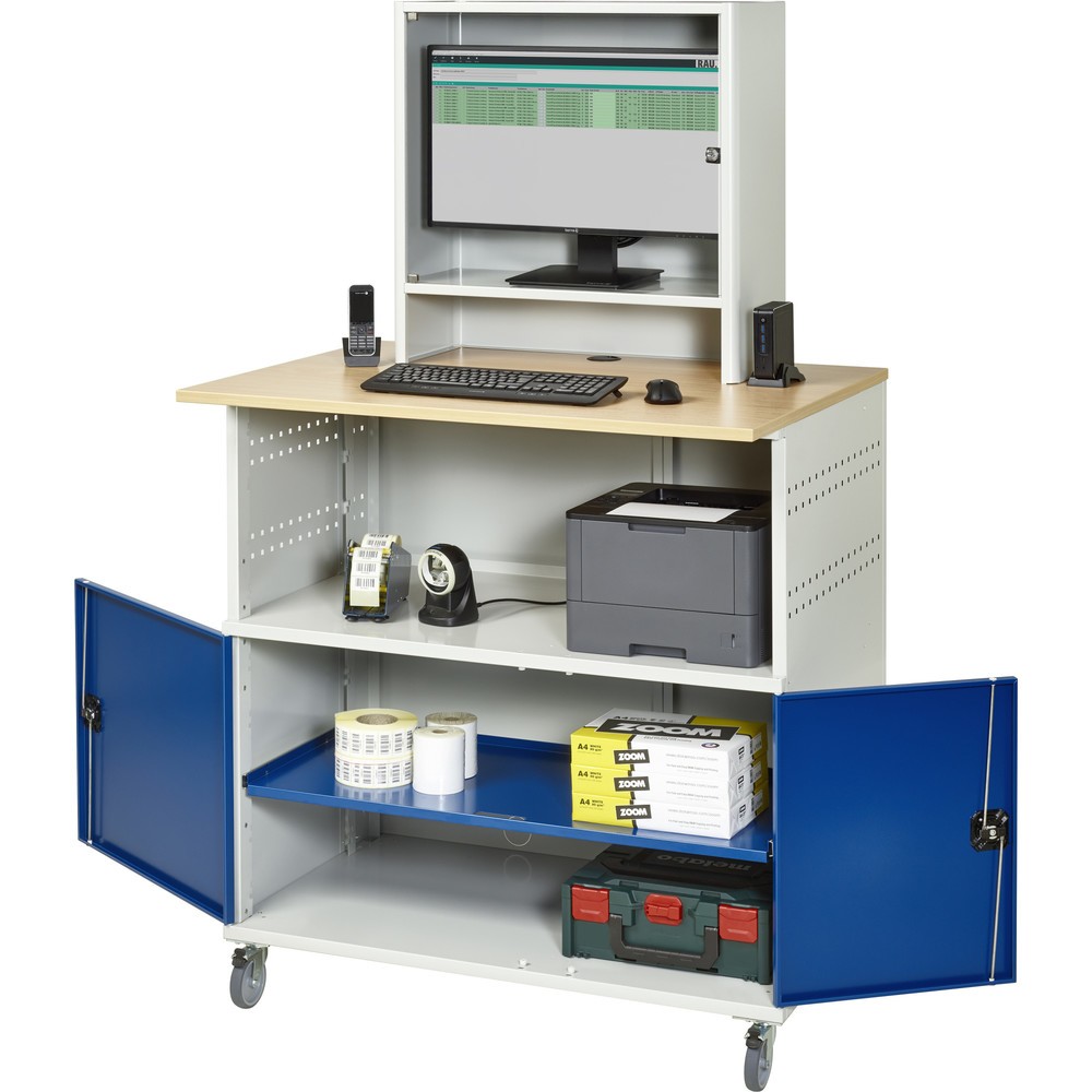 Číslo obrázka výrobku 1: Počítačový stôl RAU, v × š × h 1 860 × 1 100 × 800 mm, pracovná doska s bukovým dekorom, s 2 krídlovými dverami a priečinkom na monitor