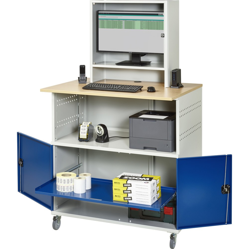 Číslo obrázka výrobku 4: Počítačový stôl RAU, v × š × h 1 860 × 1 100 × 800 mm, pracovná doska s bukovým dekorom, s 2 krídlovými dverami a priečinkom na monitor