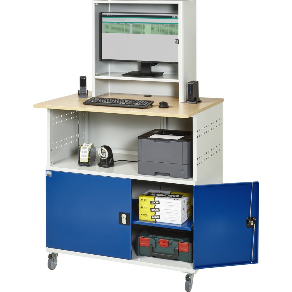 Číslo obrázka výrobku 5: Počítačový stôl RAU, v × š × h 1 860 × 1 100 × 800 mm, pracovná doska s bukovým dekorom, s 2 krídlovými dverami a priečinkom na monitor