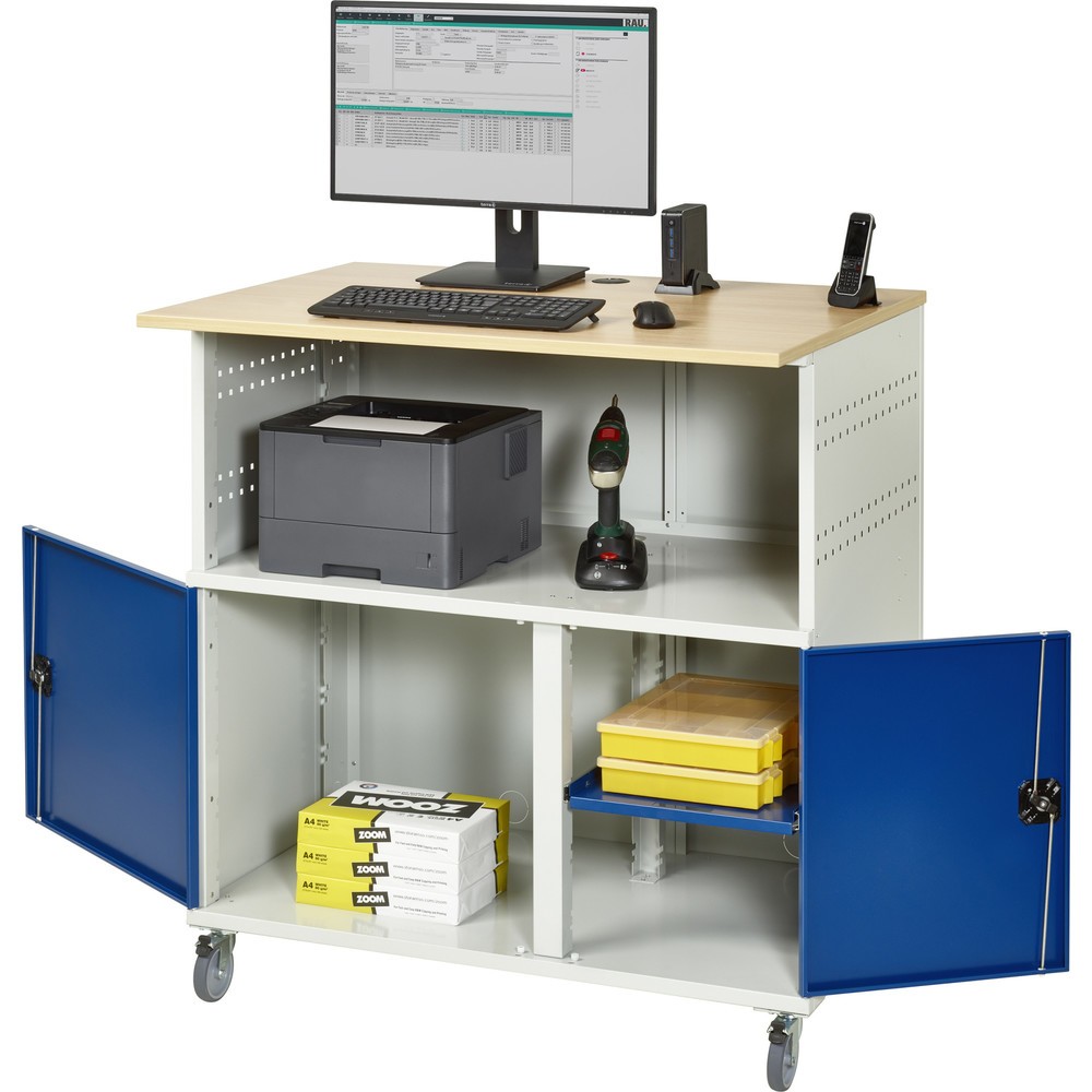 Číslo obrázka výrobku 1: Počítačový stôl RAU, v × š × h 1 150 × 1 100 × 800 mm, pracovná doska s bukovým dekorom, s 2 krídlovými dverami a elektrickou zásuvkou lištou